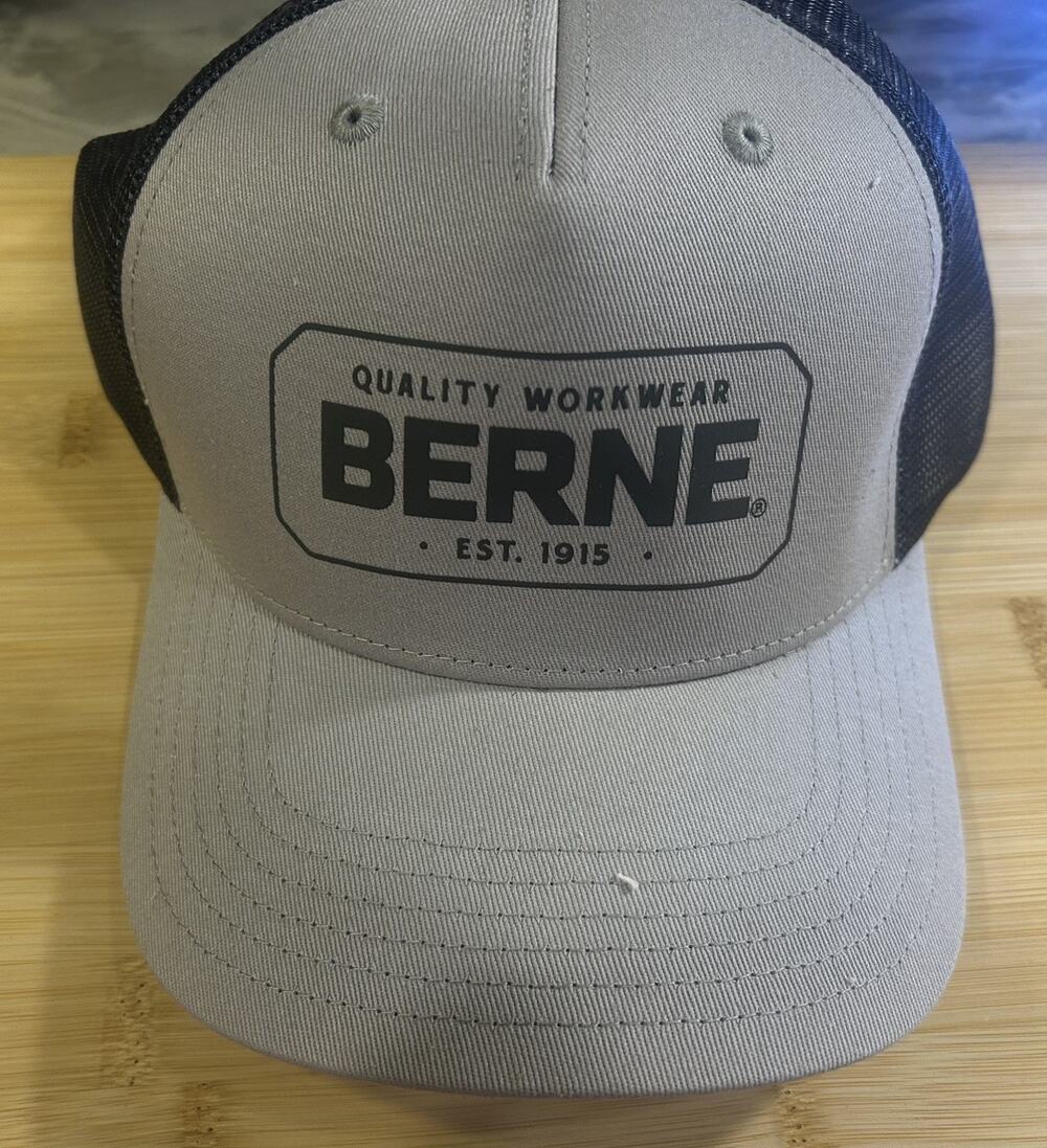 BERNE Hat Quality Workwear Logo Grey Cotton Poly Trucker Cap Adjustable OSFA